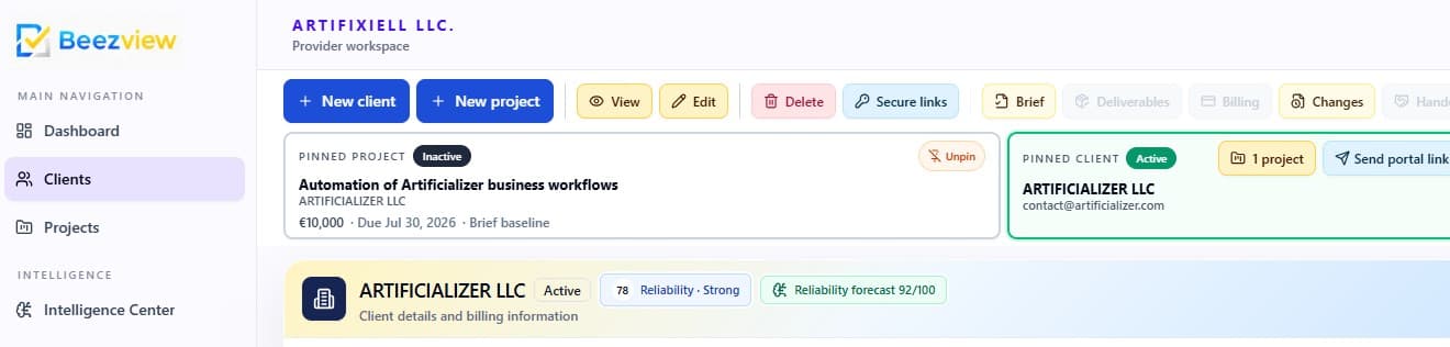 Provider workspace for managing clients, projects and workflow actions